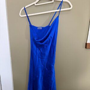 Electric Blue Slip Midi Dress with Asymmetrical Hem, XS